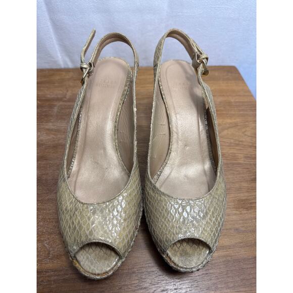 Stuart Weitzman 9.5 Nude Snakeskin Leather Peep Toe Cork Wedge Slingback Sandals - Picture 2 of 12